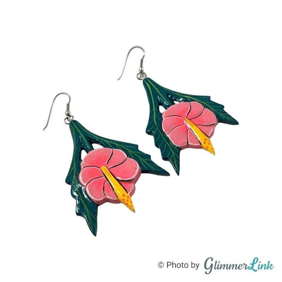 VTG 80s 90s Huge Hibiscus Flower Leaves Hand Painted Carved Wooden Earrings - Picture 2 of 7